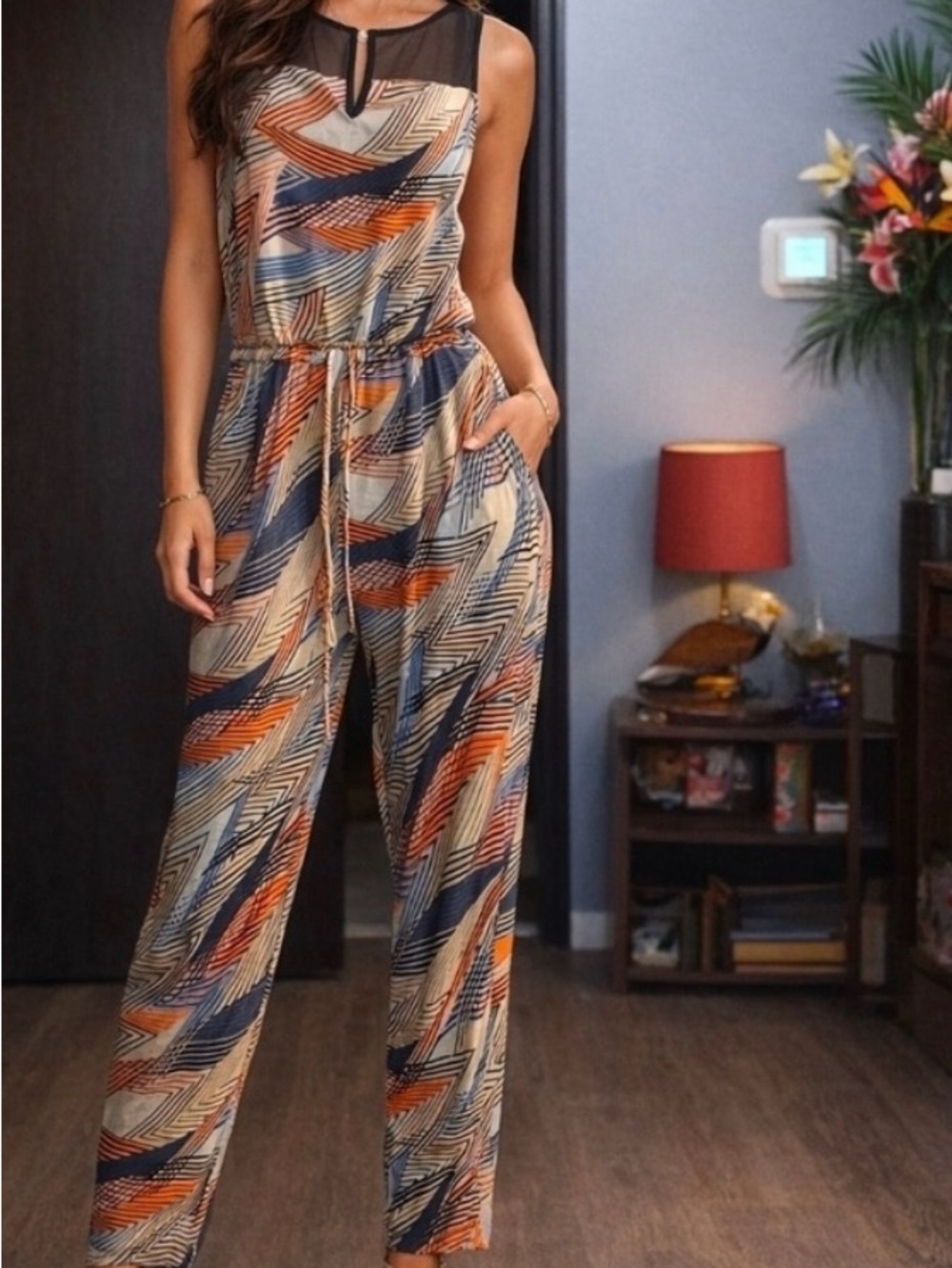 BCBGMaxAzria Sleeveless Geo-Print Jumpsuit in “zig zag art”. NWT